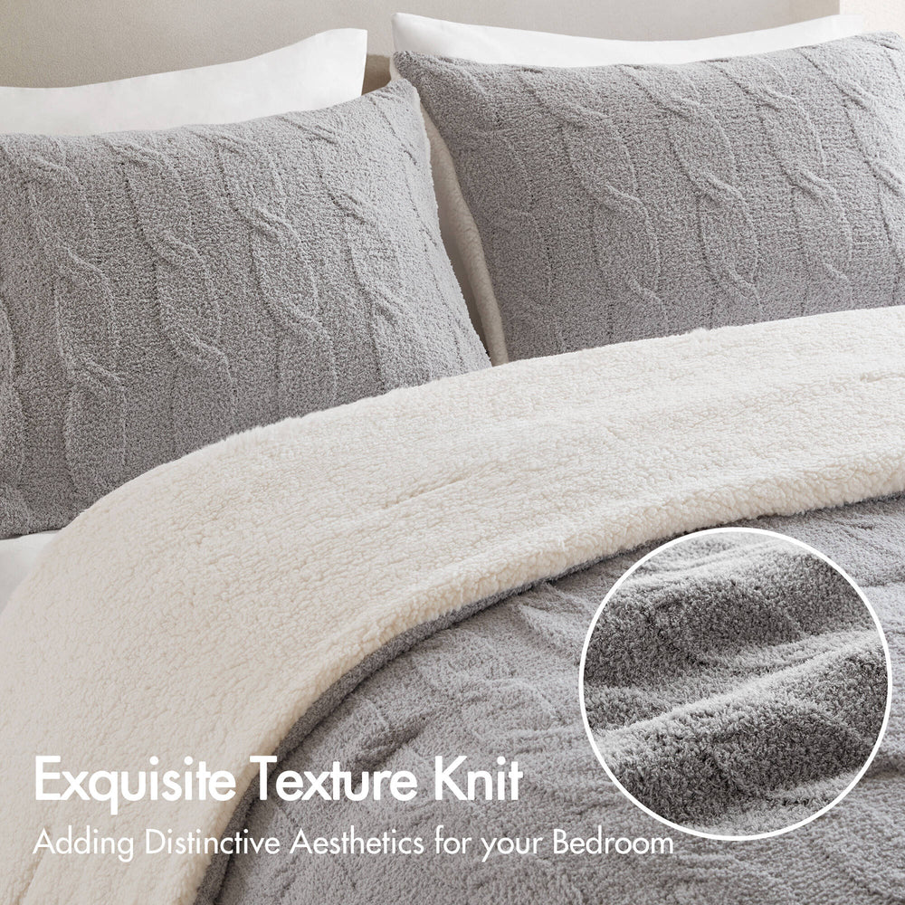 English Elm 2 Piece Chenille Cable Knit Comforter Set Plush Polyester Fill Cozy Bedroom Ivory Gray B035P381302
