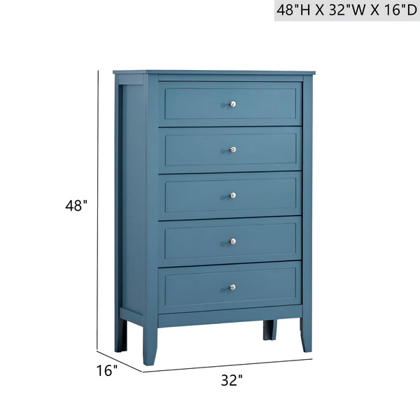 English Elm Daniel Assembled 5-Drawer Chest with English Dovetail Drawers, Metal Hardware & Solid Wood Frame Teal 51 L x 34 W x 18 H B078P400746