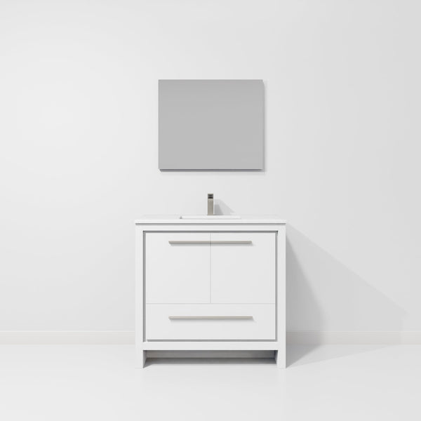 English Elm White Single Bath Vanity 36" W x 20" D with White Quartz Top, Gun Metal Faucet & 28" Mirror, Durable B2731S02077
