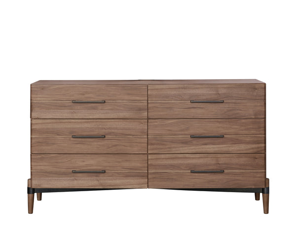 English Elm Tranquility Six Drawer Walnut Veneer Dresser with Tapered Legs and Bronze Hardware B108P411443