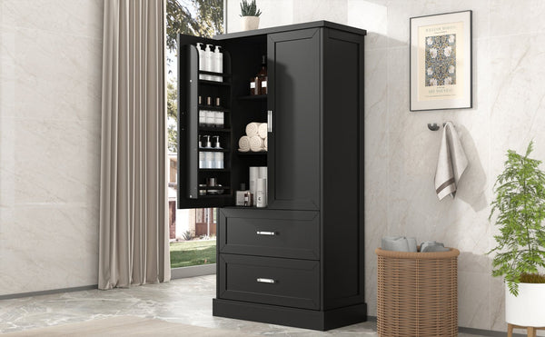 English Elm Tall Bathroom Storage Cabinet with Adjustable Shelves, Two Doors & Drawers, Space-Saving 66" Tall Black N725P178675B