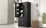 English Elm Tall Bathroom Storage Cabinet, Cabinet With Two Doors and Drawers, Adjustable Shelf, Mdf Board, Black