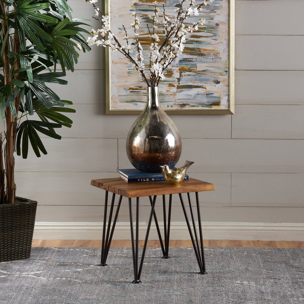 English Elm Zion Outdoor Acacia Wood Iron Side Table Rustic Industrial Patio Accent Piece 61003.00