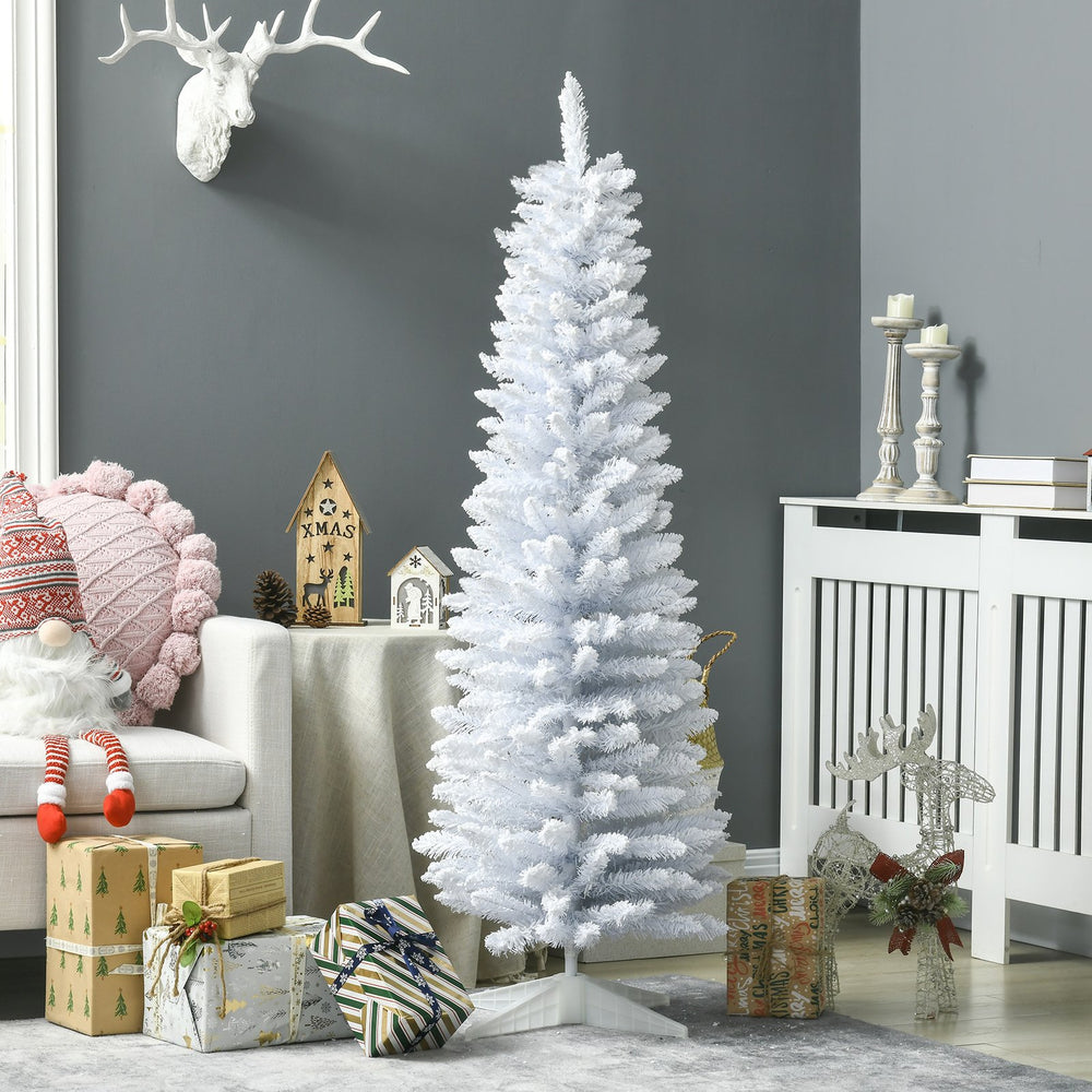 English Elm HOMCOM 5' Snow Flocked Pencil Christmas Tree Slim White Artificial Xmas Tree with Realistic Branches, Flame-Retardant Indoor Decoration W2225P217079