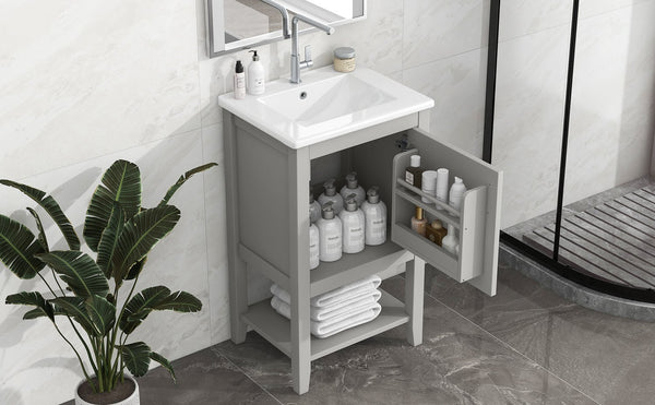 English Elm 20" Matte Freestanding Bathroom Vanity Rubberwood Cabinet Ceramic Sink Open Shelf Grey N725P391115E