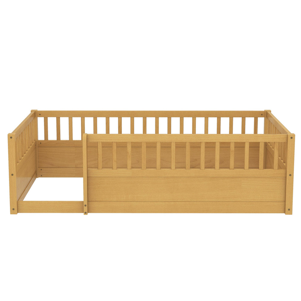 English Elm Twin Montessori Floor Bed Frame for Kids – Pine Playroom Bed with Fence for Reading & Imaginative Play Natural W1580P307880