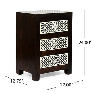 English Elm Christopher Knight Home® - WOODEN Mango Wood 3-Drawer Bone Inlay Nightstand in Black-Dark Walnut — Handcrafted Boho Accent Table 69348.00DWALBLK