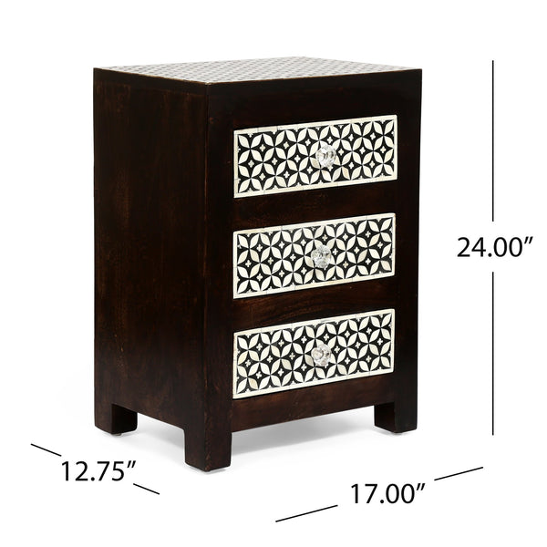 English Elm Christopher Knight Home® - WOODEN Mango Wood 3-Drawer Bone Inlay Nightstand in Black-Dark Walnut — Handcrafted Boho Accent Table 69348.00DWALBLK