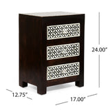 Christopher Knight Home® - Noble House - Benewah Handcrafted Boho 3 Drawer Mango Wood Nightstand, Dark Walnut, Black, and White