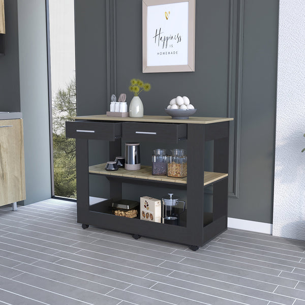 English Elm Brooklyn Rustic Kitchen Island with Concealed Shelves and Walnut Accents for Stylish Storage and Prep Multicolor 50 L x 25 W x 6 H B128P148885