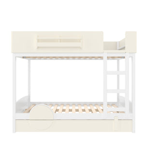 English Elm Queen Bunk Bed with Trundle Solid Pine Kids Car Themed Frame Built-in Bookshelf Beige+White W1580S00446
