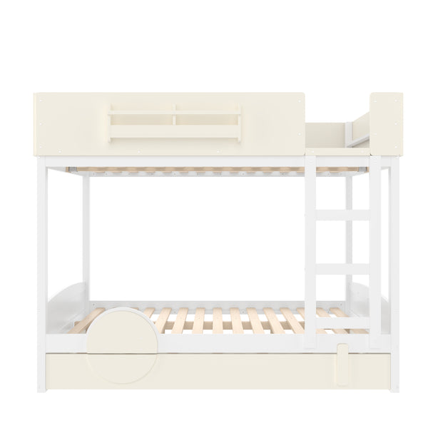 English Elm Queen Bunk Bed with Trundle Solid Pine Kids Car Themed Frame Built-in Bookshelf Beige+White W1580S00446
