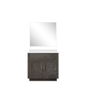 English Elm Brown Oak Single Bath Vanity Set With White Quartz Countertop & 34-Inch Frameless Mirror Included B2731S01396
