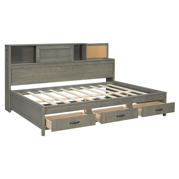 English Elm Full Size Gray Wood Daybed with Storage Drawers Shelf Usb Charging Upholstered Back LP002025AAE-1