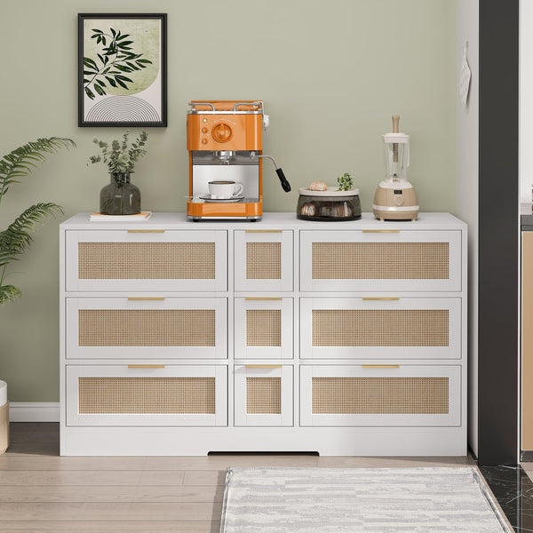 English Elm 51.2 Rattan Locker with 9 Spacious Drawers and Metal Handles—Versatile Storage for Home Organization White W757P238063