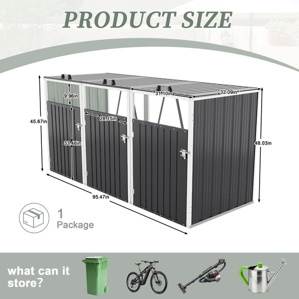 English Elm Garbage Bin Shed Galvanized Steel Enclosure Fits Three Cans with Lockable Waterproof Lid Dark Gray W1598P357716
