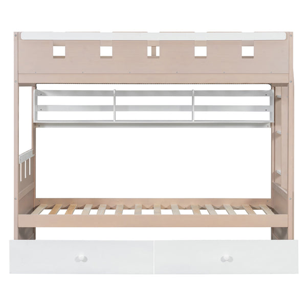 English Elm Twin Castle Bunk Bed with Led Lighting Built-in Shelf and Storage Drawers for Kids White LT000158AAK