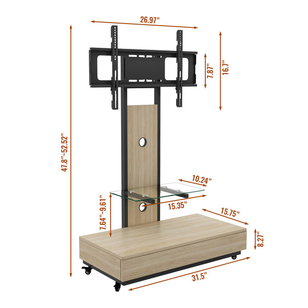 English Elm Tv Rolling Cart with Swivel Mount Lockable Wheels Pull Out Drawer Iron Frame Natural W241P246881
