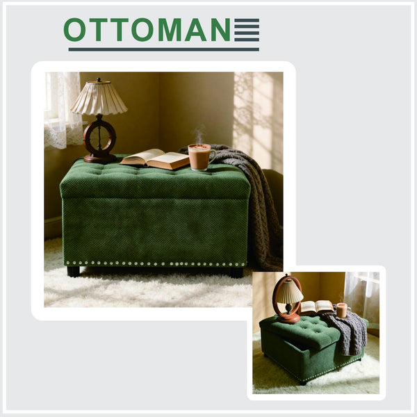 English Elm Storage Ottoman Tufted Nailhead Trim Lift Top Footstool for Living Room or Bedroom Green W5568P447090