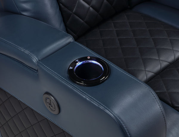 English Elm Alair Blue & Black Leather Aire Power Recliner with Bluetooth, Wireless Charger, Cooling Cupholder & Storage B2726P321025