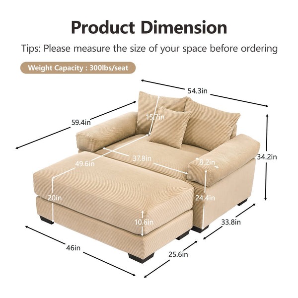 English Elm 54.3" Oversized Modular Sectional Couch - Cozy Corduroy, Thick Armrests, Versatile Ottoman & Chaise Design W714S01300