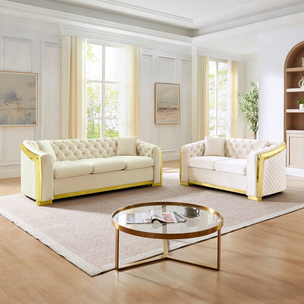 English Elm Luxury Velvet Tufted Chesterfield Loveseat with Gold Steel Trim for Living Room Beige W1191S00116