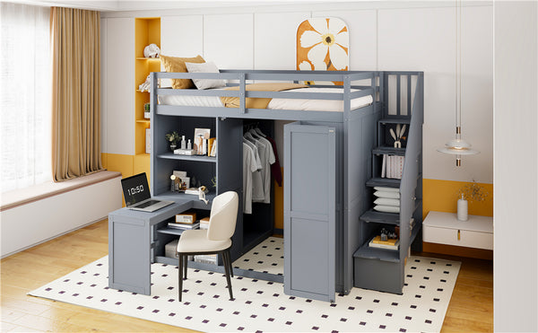 English Elm Full Size Loft Bed with Wardrobe Desk and Shelving for Modern Teen Bedroom Gray LT000679AAE-1