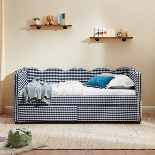 English Elm Twin Gingham Linen Daybed with Wave Silhouette Usb Port and Dual Storage Drawers Navy W1413S00144