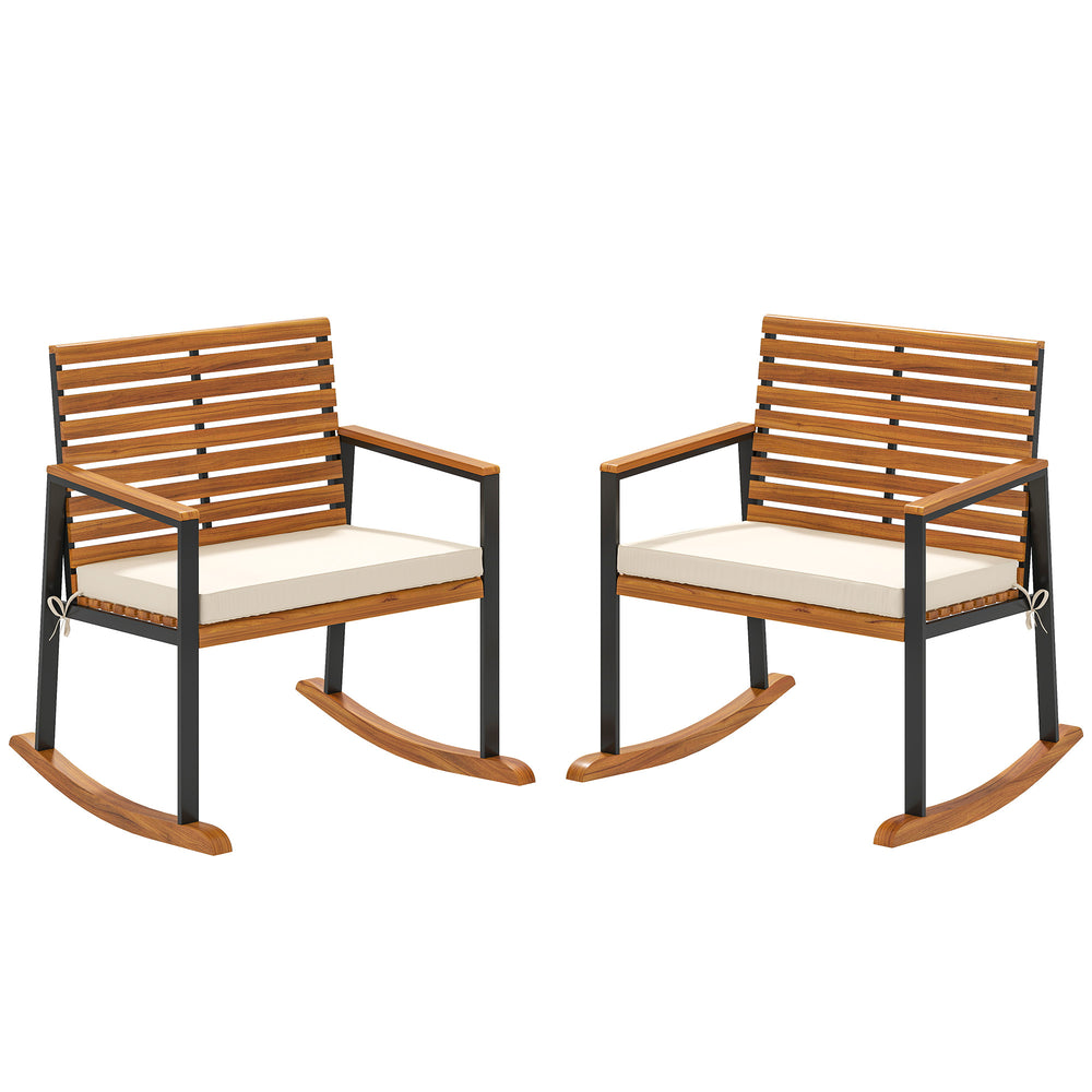 English Elm Lawn Acacia Wood Rocking Chair Set of 2 with Cushions for Porch Patio Outdoor T3971P404066