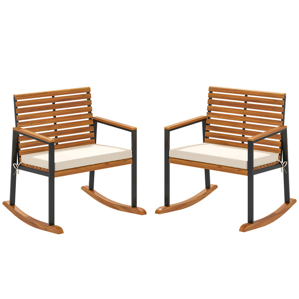 English Elm Lawn Acacia Wood Rocking Chair Set of 2 with Cushions for Porch Patio Outdoor T3971P404066