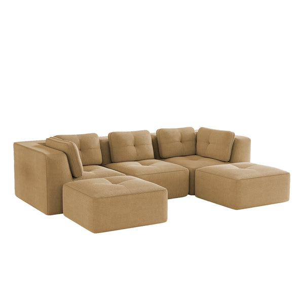 English Elm Modern Corduroy U-shaped Sectional with Tufted Cushions Deep Seat and Movable Ottomans Camel W714S01785