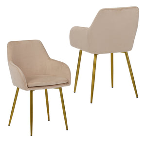 English Elm Velvet 2-Piece Dining Chairs Beige with Gold Metal Legs — Modern Quilted Padded Armchairs for Home W3851P369041