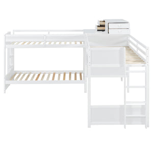 English Elm Twin L-shaped Bunk Bed Pine Wood Corner Design with Desk Drawers and Usb Charging White N820S00079K