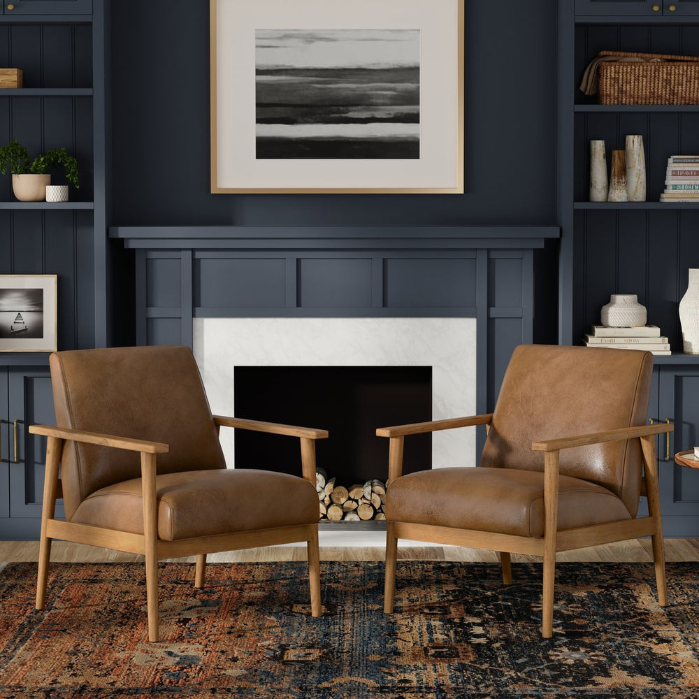 English Elm Paloma Genuine Leather Accent Chair in Caramel Brown with Solid Ash Frame, Mid-Century Modern Comfort and Durability B136P364314