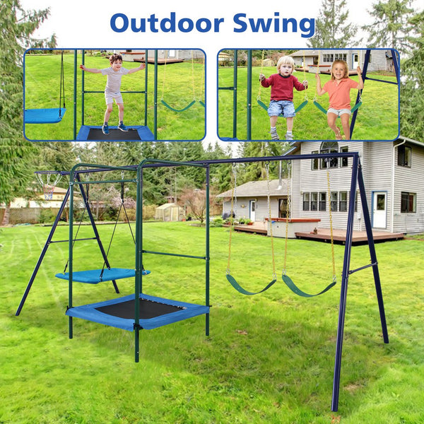 English Elm 4 in 1 Kids Outdoor Swing Set Steel A-frame with Trampoline and Basketball Rim W1408P367265
