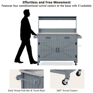 English Elm K&k Solid Fir Grill Cart Stainless Steel Top Outdoor Kitchen Station with Locking Wheels Grey+Blue N707P409087G