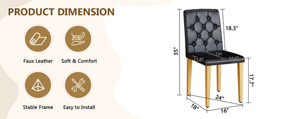 English Elm 4-pack PU dining chairs with ergonomic buckle backrest, gold metal legs, high-density sponge comfort Black+Gold W1151P295705