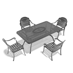 English Elm 5-piece Cast Aluminum Outdoor Dining Set with Ornate Relief Patterned Stackable Chairs W1710S00588