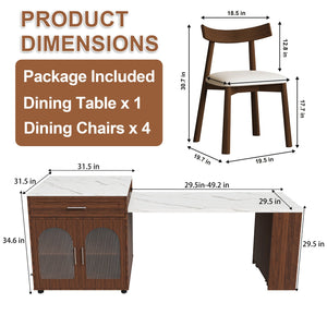 English Elm 80-inch Expandable Island Dining Set Walnut Marble Top Power Outlets 4 Wood Chairs W2700S00141