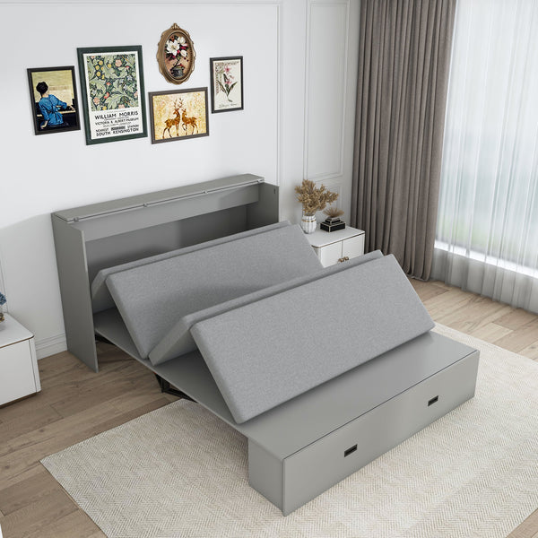 English Elm 57 Inch Murphy Bed Cabinet with Storage Drawers Charging Station and Rolling Casters Gray W509S00156