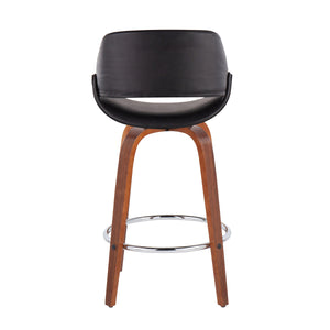 English Elm Fabrico Mid-Century Modern Counter Stool Set Of 2 In Walnut Wood & Black Faux Leather With Chrome Footrest B202S00253