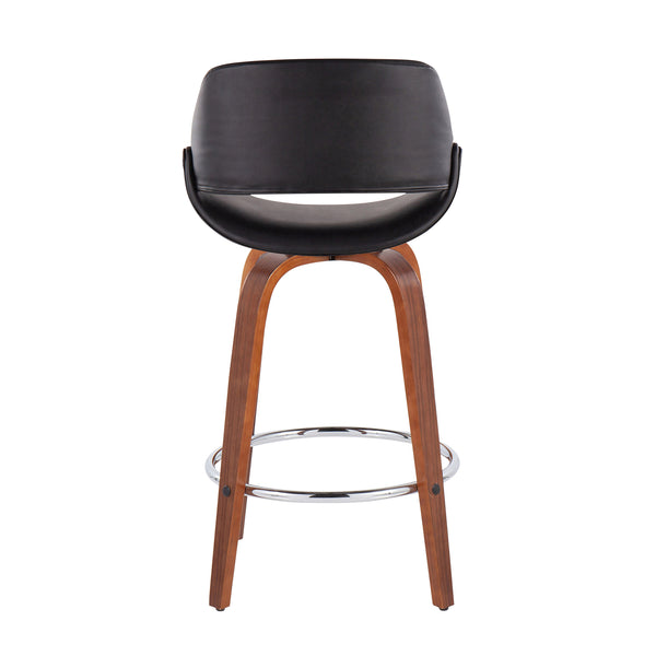English Elm Fabrico Mid-Century Modern Counter Stool Set Of 2 In Walnut Wood & Black Faux Leather With Chrome Footrest B202S00253
