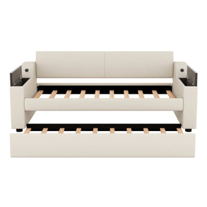English Elm Twin Upholstery Daybed with Trundle, Storage Arms & USB Charging, Beige Linen, Durable Pine Frame SM000547AAA