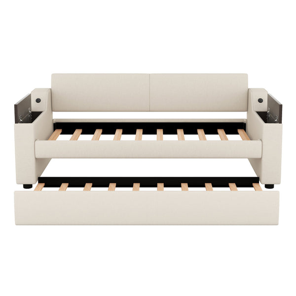 English Elm Twin Upholstery Daybed with Trundle, Storage Arms & USB Charging, Beige Linen, Durable Pine Frame SM000547AAA