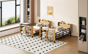 English Elm Twin Metal Bunk Bed with Built-In Headboard Storage and Footboard Shelves, Sturdy Space-Saving Design Black SF000176AAB