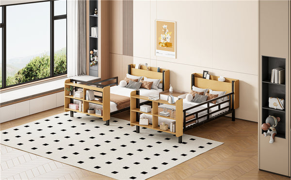 English Elm Twin Metal Bunk Bed with Built-In Headboard Storage and Footboard Shelves, Sturdy Space-Saving Design Black SF000176AAB