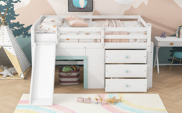 English Elm Full Size Low Loft Bed With Fun Slide, Ample Storage Drawers, And Sturdy Pine Construction - White N7090005003K