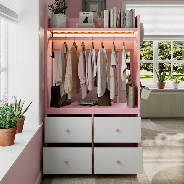 English Elm Twin Bunk Bed with Storage Drawers Hanging Rail Led Shelves and Pegboard Organizer Pink LT000282AAH