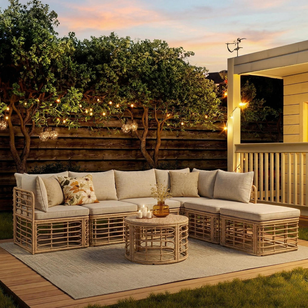 English Elm Go Modular 7 Piece Pe Rattan Patio Sectional with Cushions for Backyard Entertaining N704G201233D