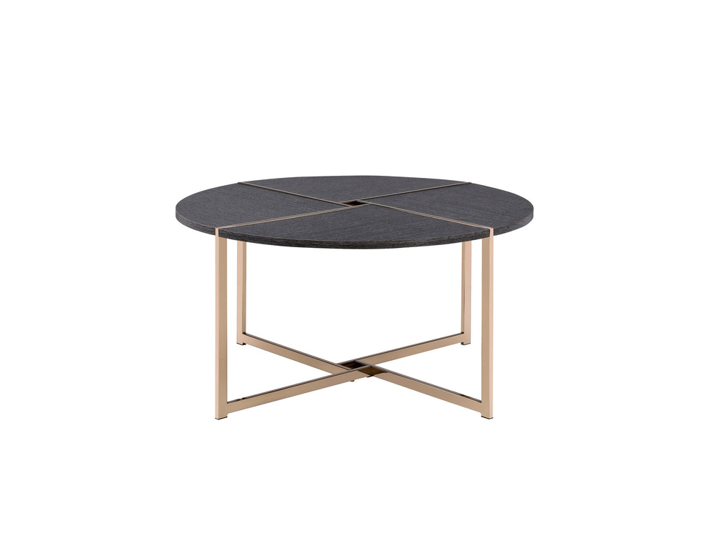 English Elm Bromia Round Black Wood Top Coffee Table with Champagne X-Shape Metal Legs — Modern Occasional Accent B2726P281464